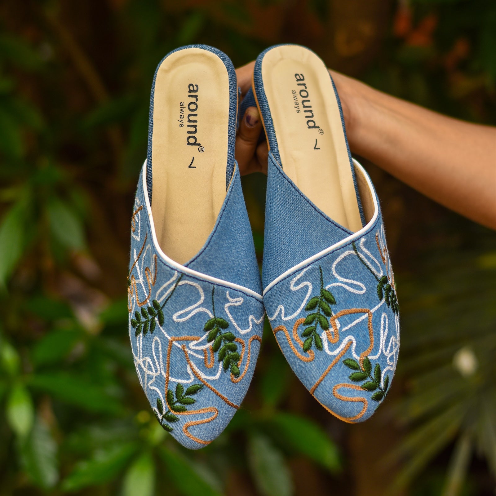 Palm Blue Mules Premium Embroidered Casual Beach Footwear