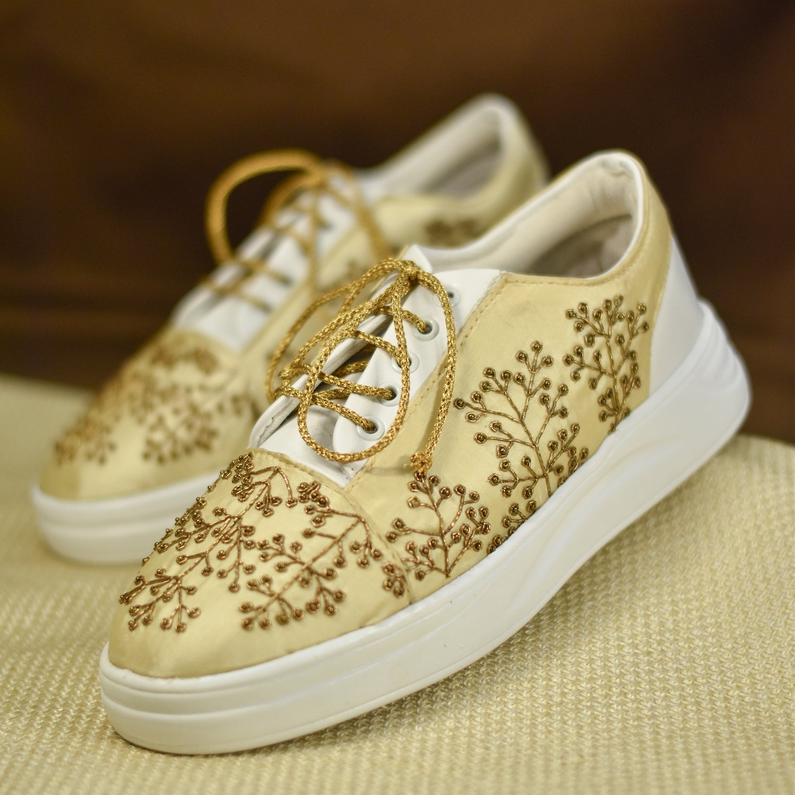 Golden and sale white shoes