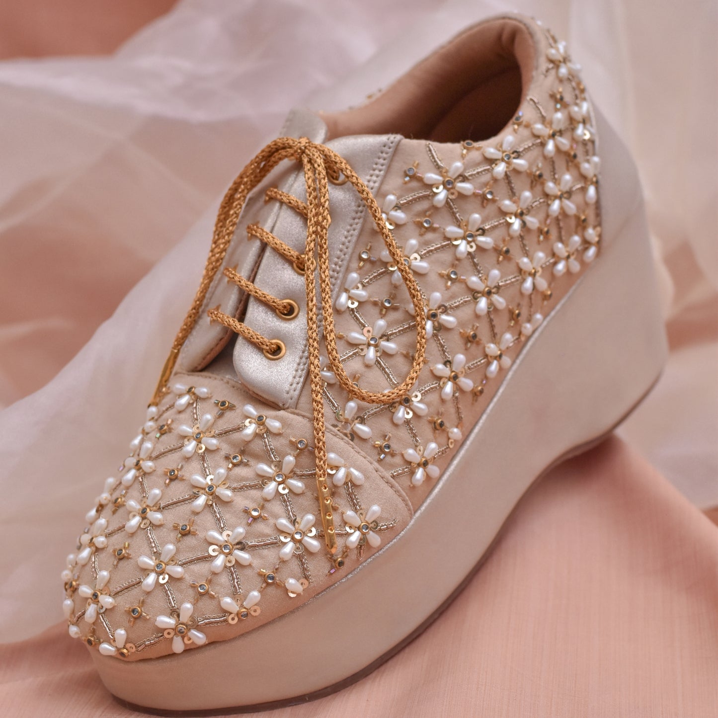 Pearl embroidered pastel wedding shoes