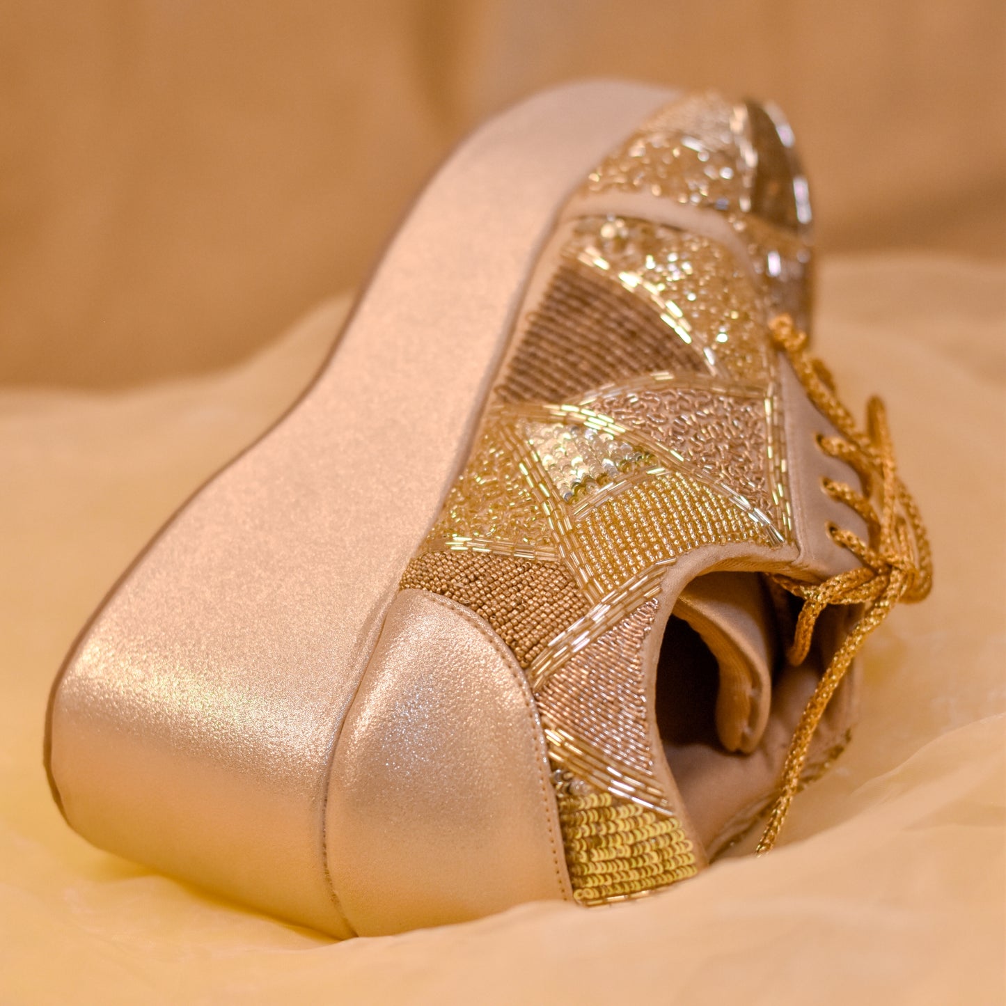 Golden heels with embroidery from India with global shipping