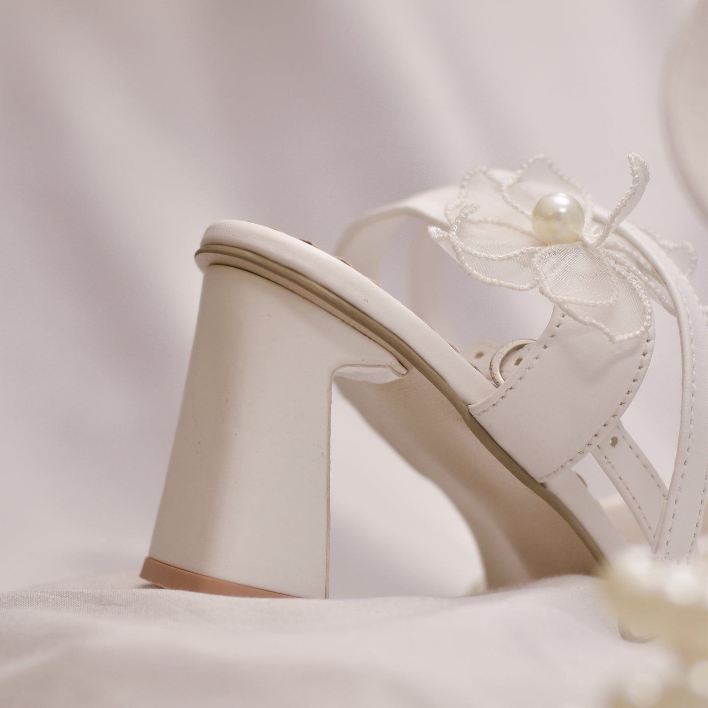 White wedding sandals with flared heels