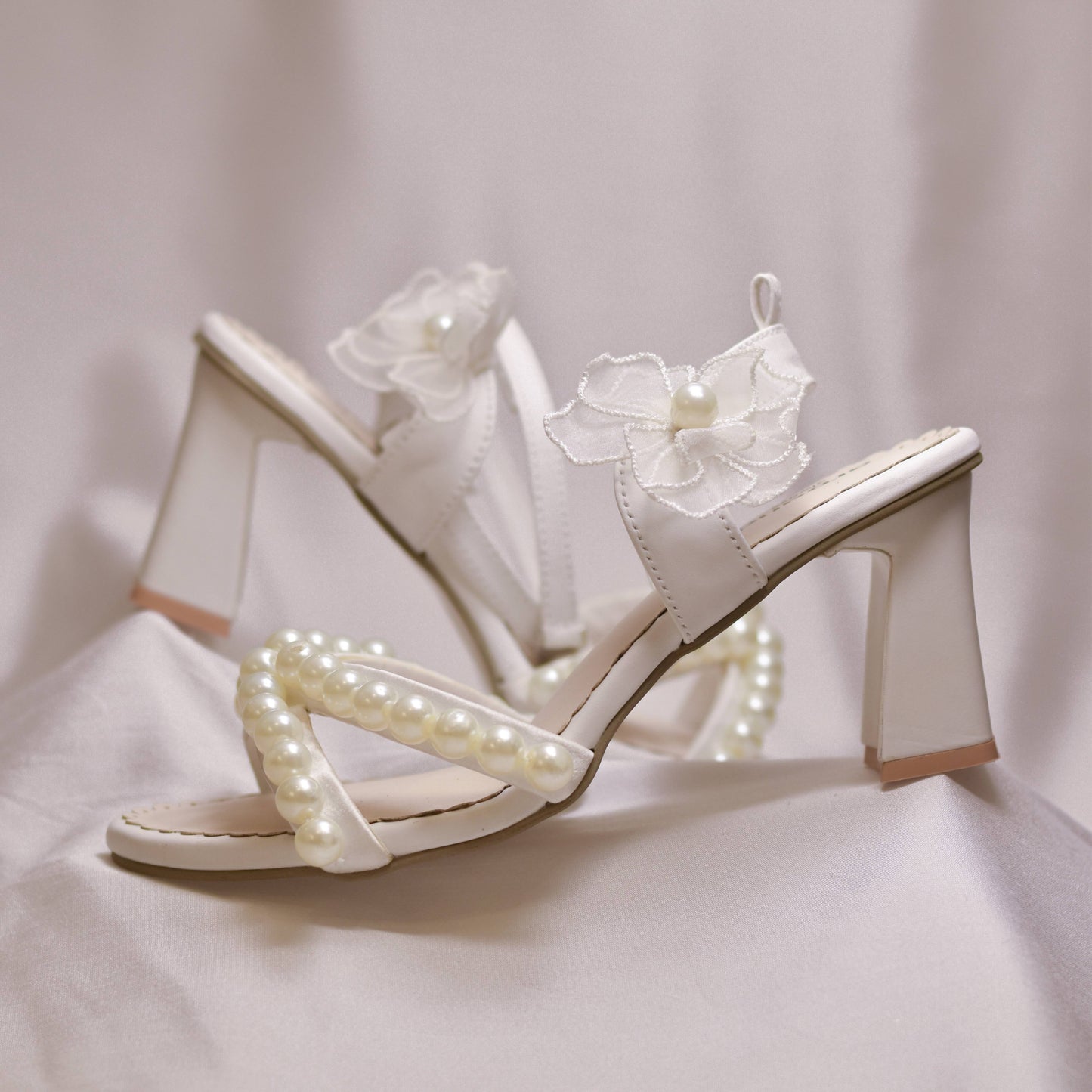 Pearl embroidered white wedding sandals with detachable straps