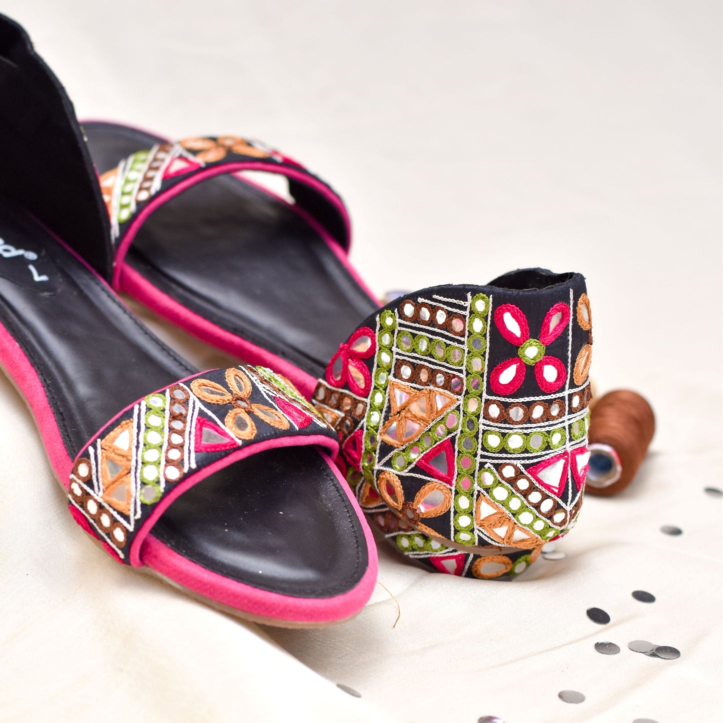 Mirror work women's flats with hand embroidery