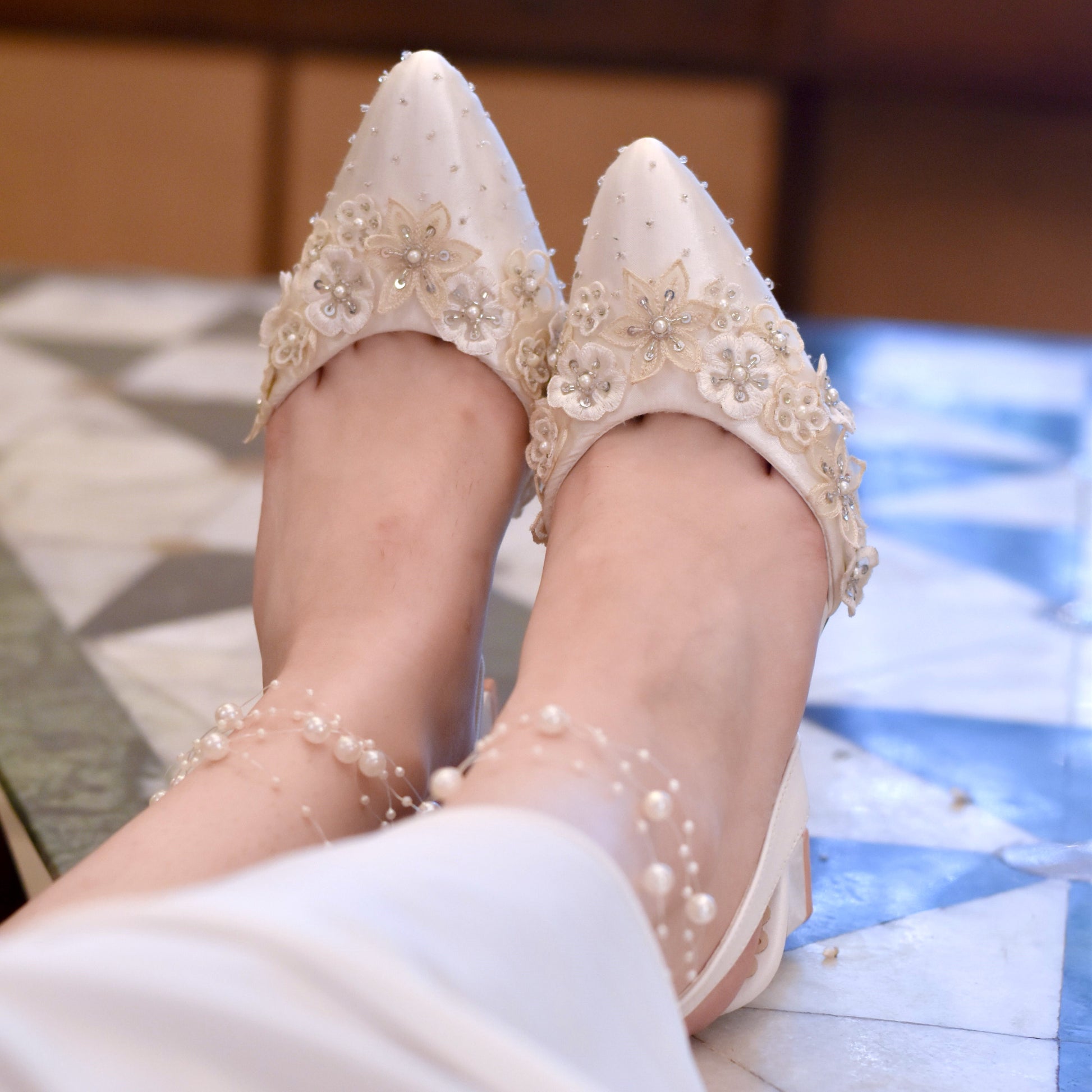 Floral Designer White Wedding Mules with Global Shipping