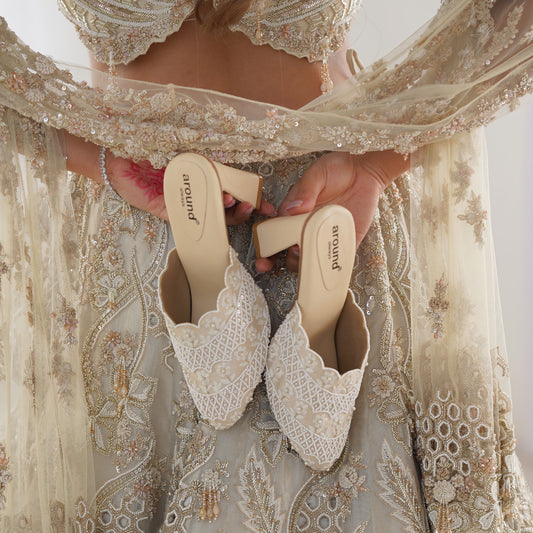 Stylish bridal heels with white beads embellishment