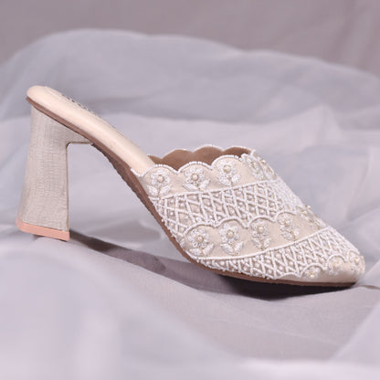 Chique white bridal mules with white bead work 