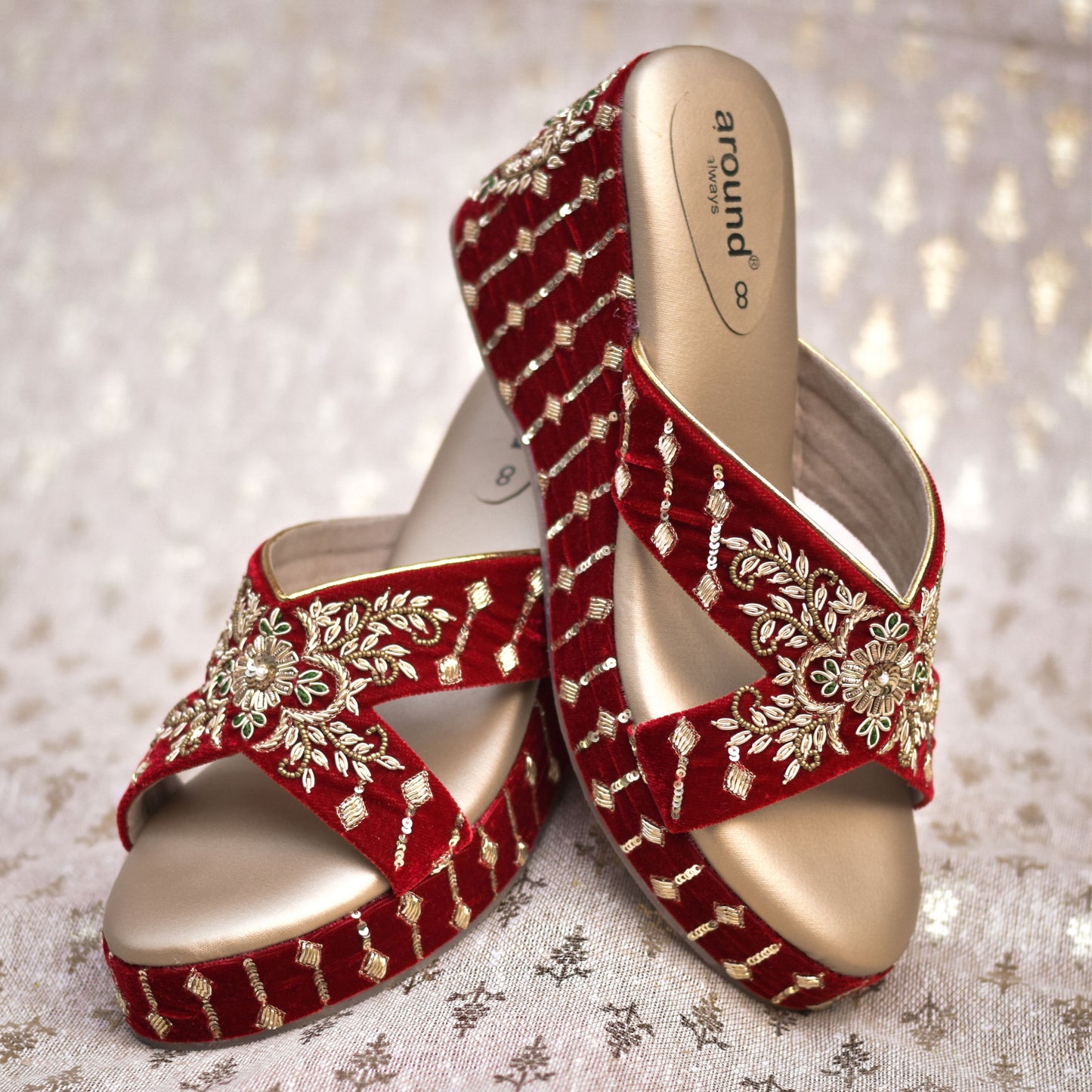 Velvet zardosi embellished heels for bride