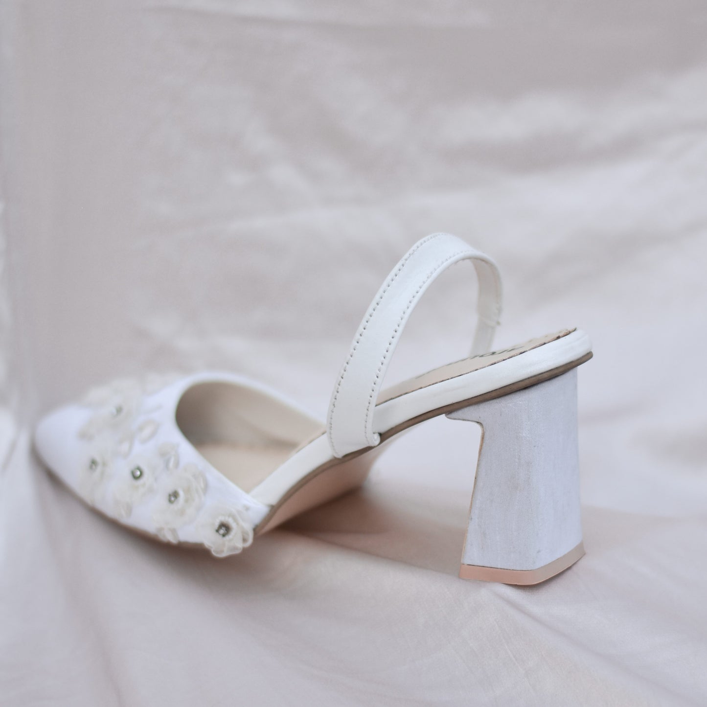 Satin flared heel shoes for white wedding