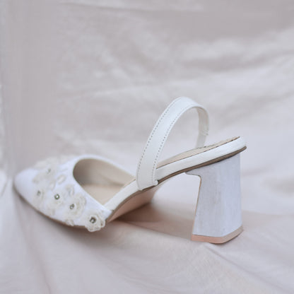 Satin flared heel shoes for white wedding