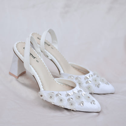 White ribbon embroidered wedding footwear for brides and bridesmaids