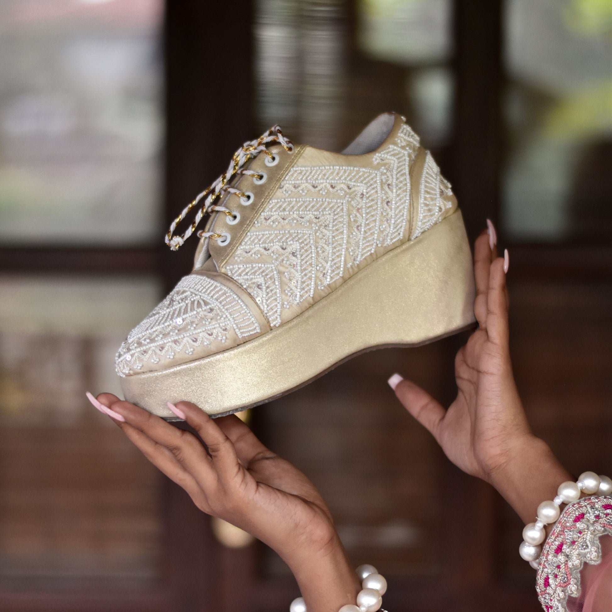 White beaded sneaker wedges for Indian weddings