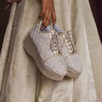 Beaded White Wedding Sneaker Shoes with Heels