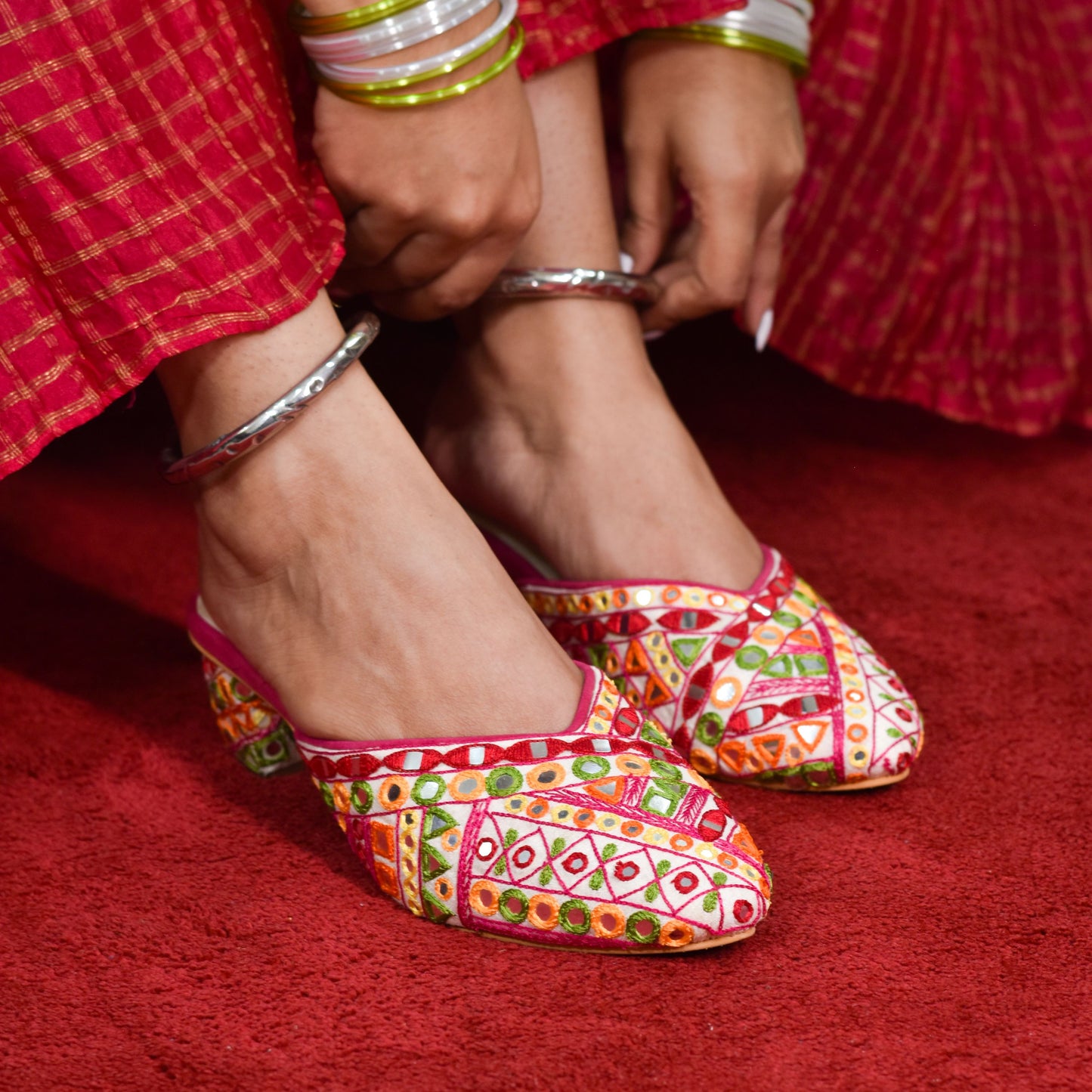 Pink mirror work mules for Indian festival outfits