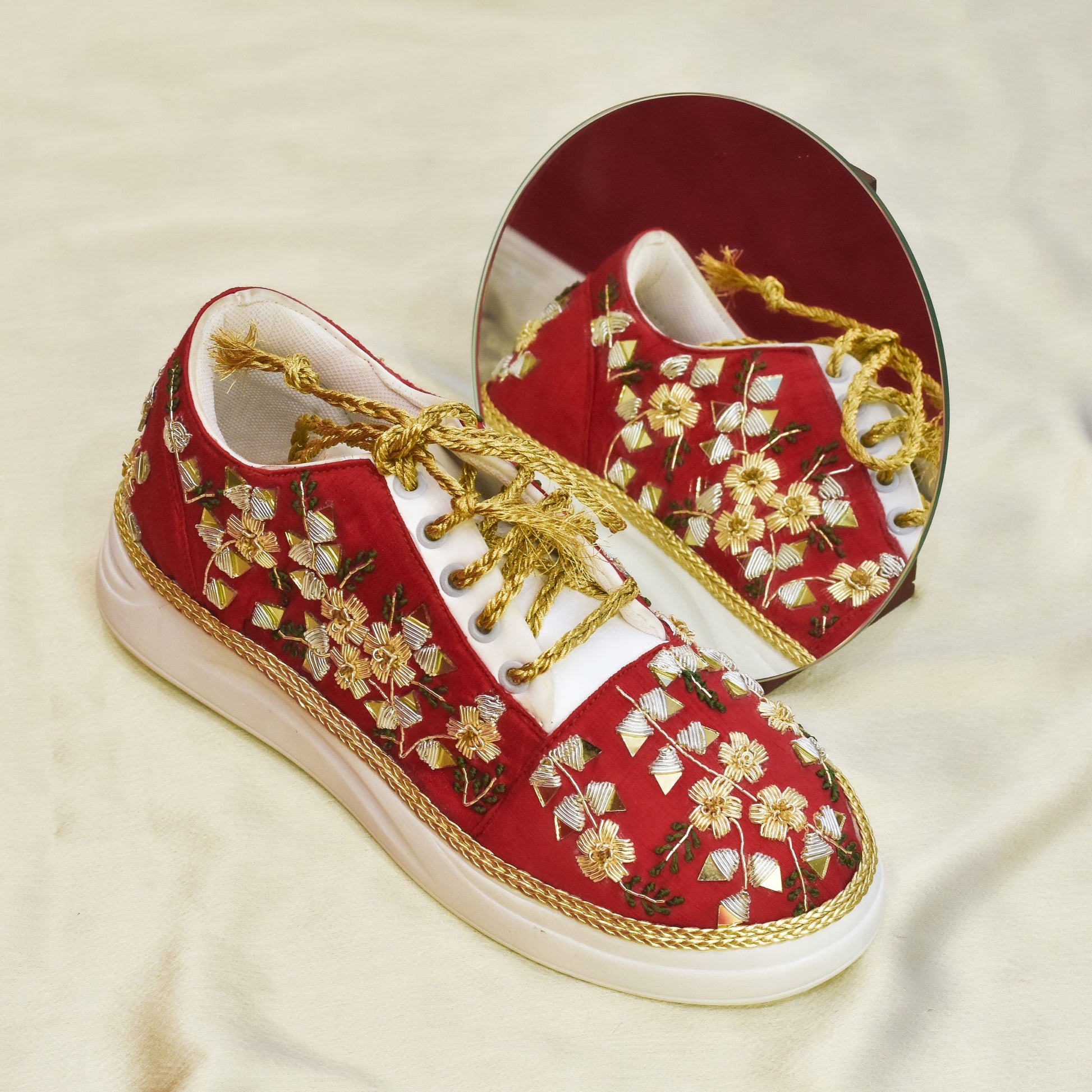 Red Comfortable Bridal Sneakers with Hand Work