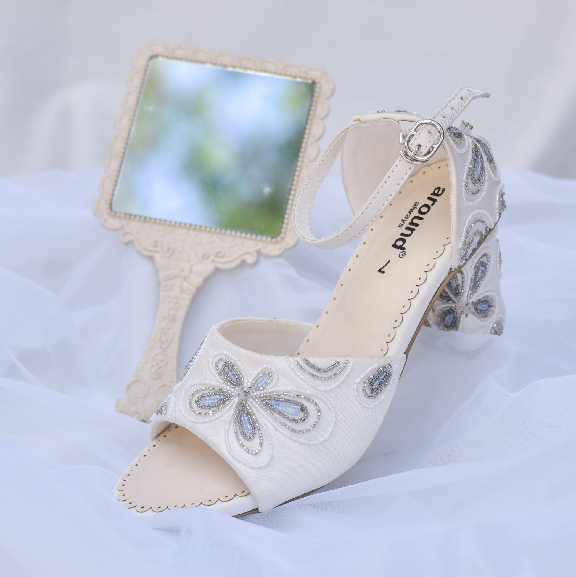 Block Heel Floral Embroidered Sandals for White Wedding