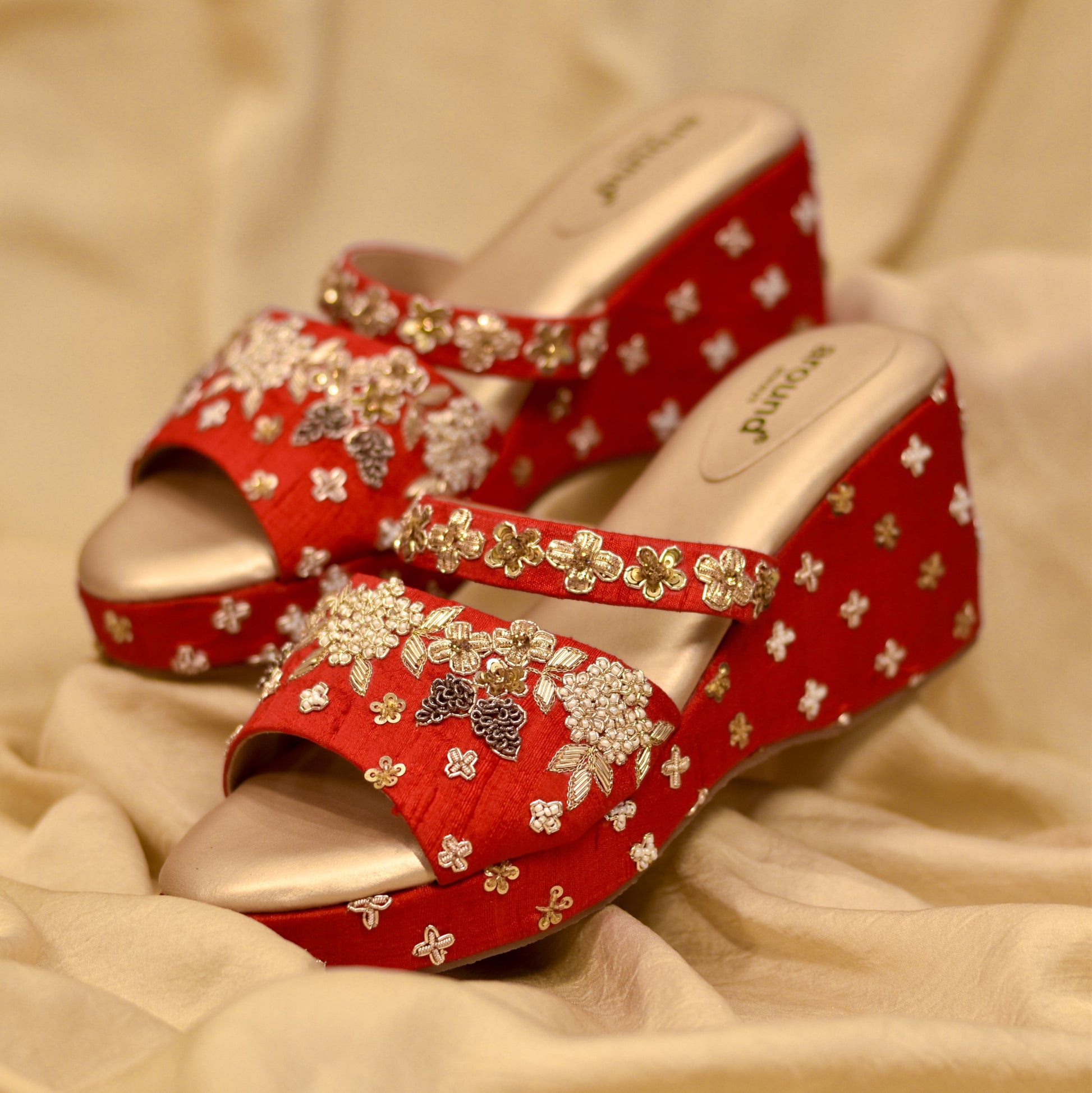 Affordable Bridal Footwear in Red and Golden Zardozi Work