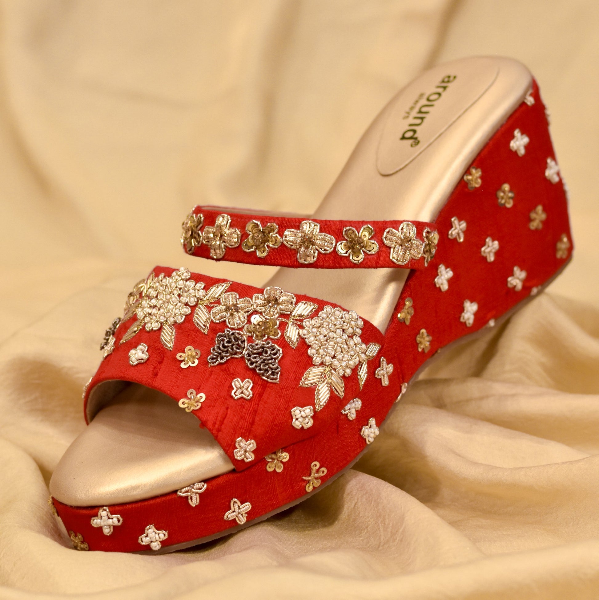 Red Bridal Wedges with Hand Embroidery from India