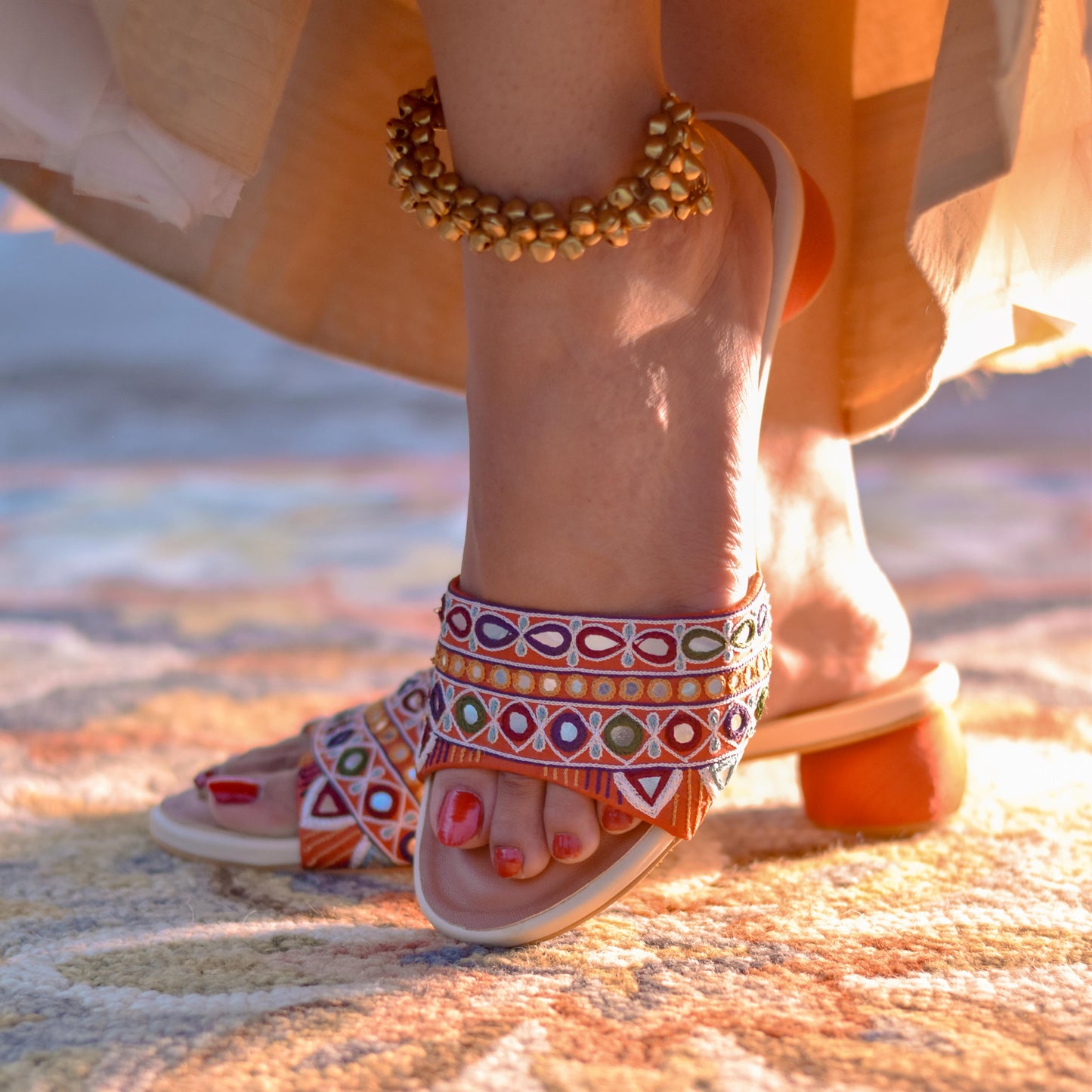 Multicolour designer festive sandals with mirror work