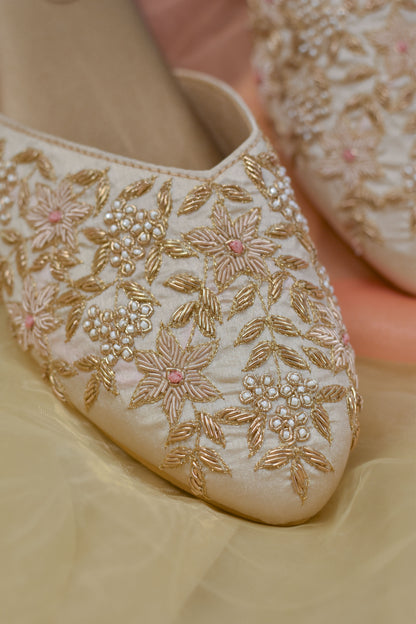 Floral embroidered bridal flats in golden colour