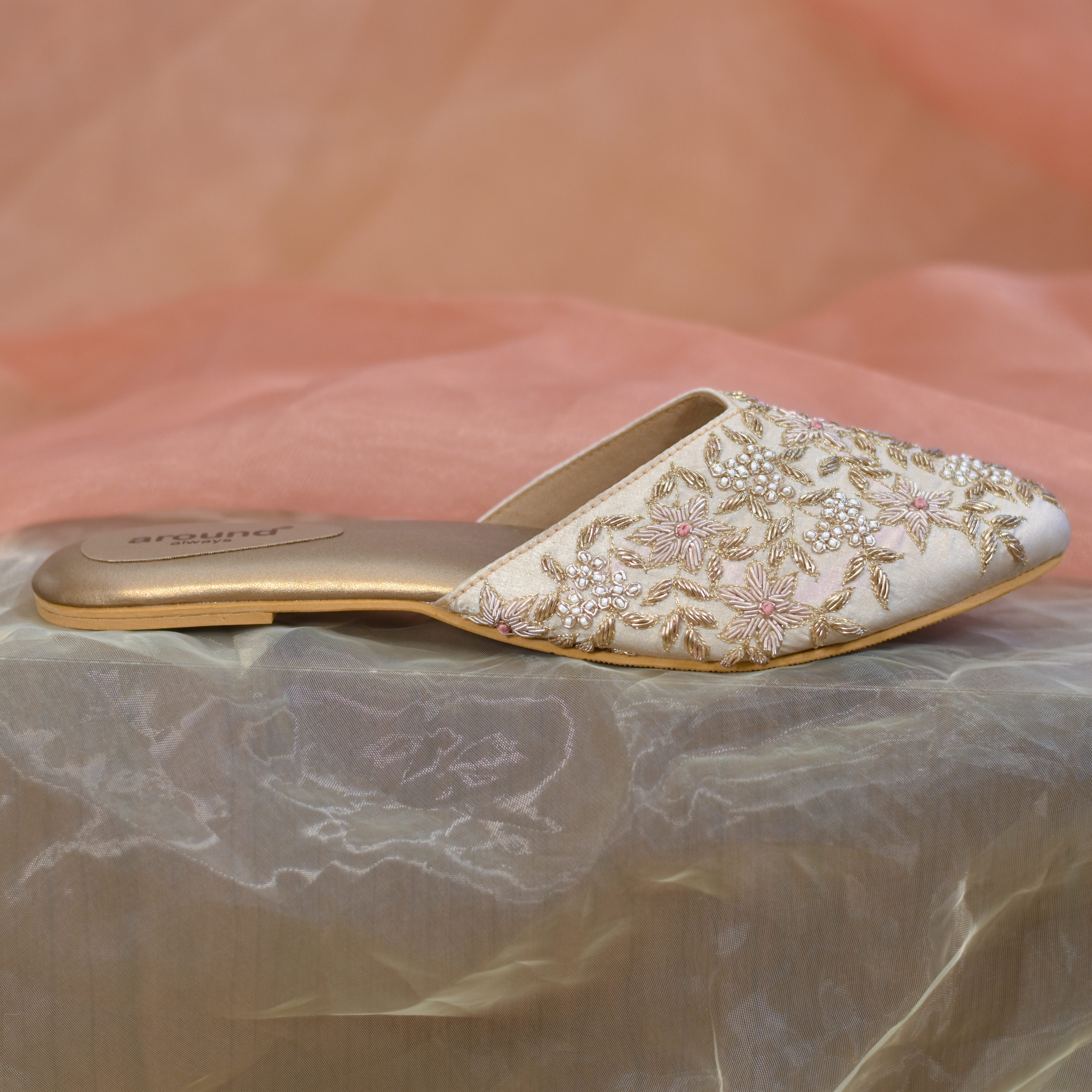 Kashvi Bridal Flats Golden Embroidered Mules for Weddings aroundalways