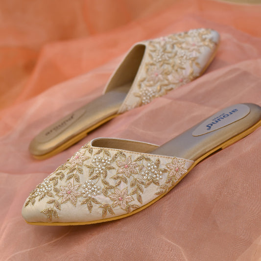 Golden low heel bridal flats for Indian brides