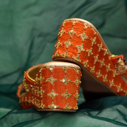 Sequins wedges with colourful orange and golden work