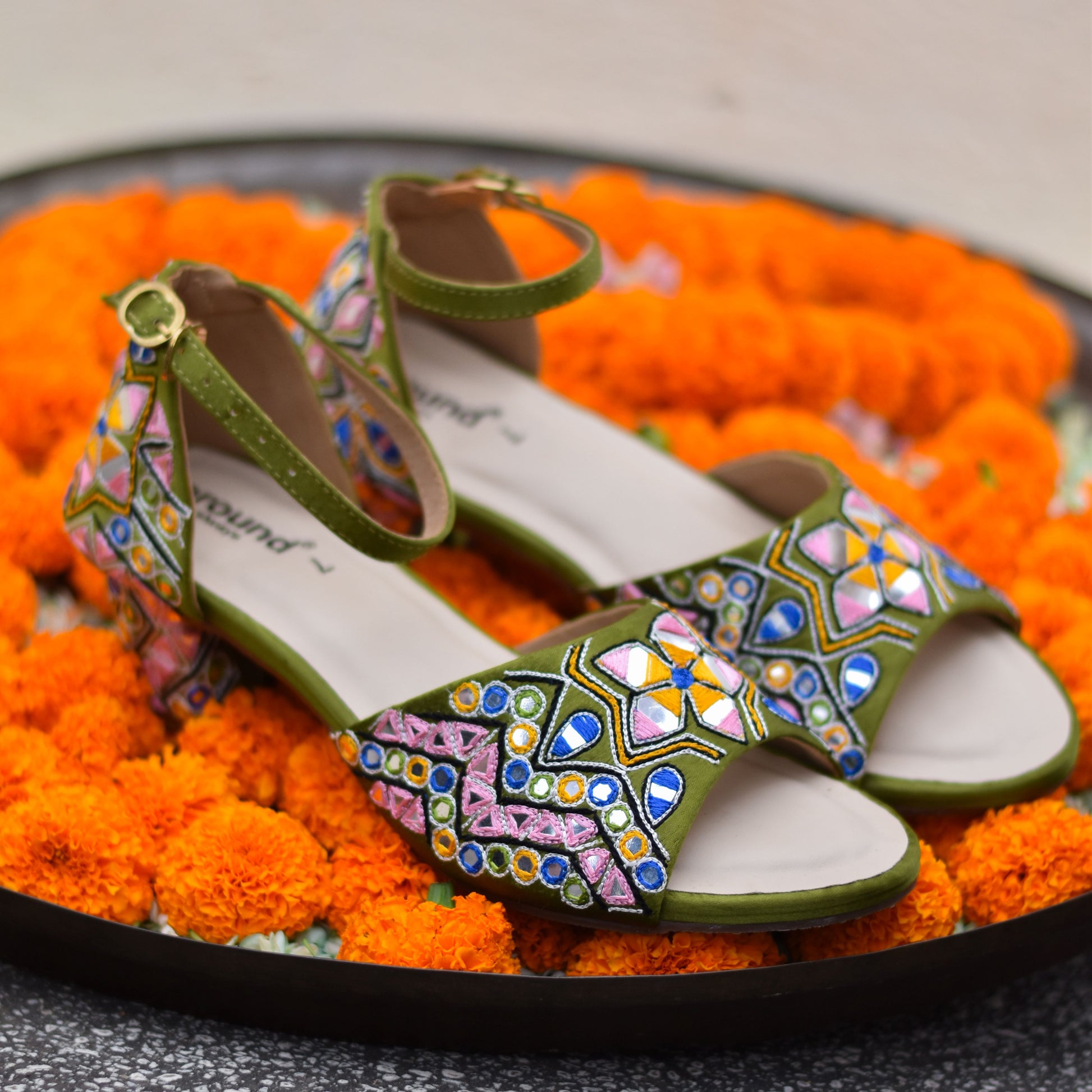 Green mirror work sandals for Gujarati girls