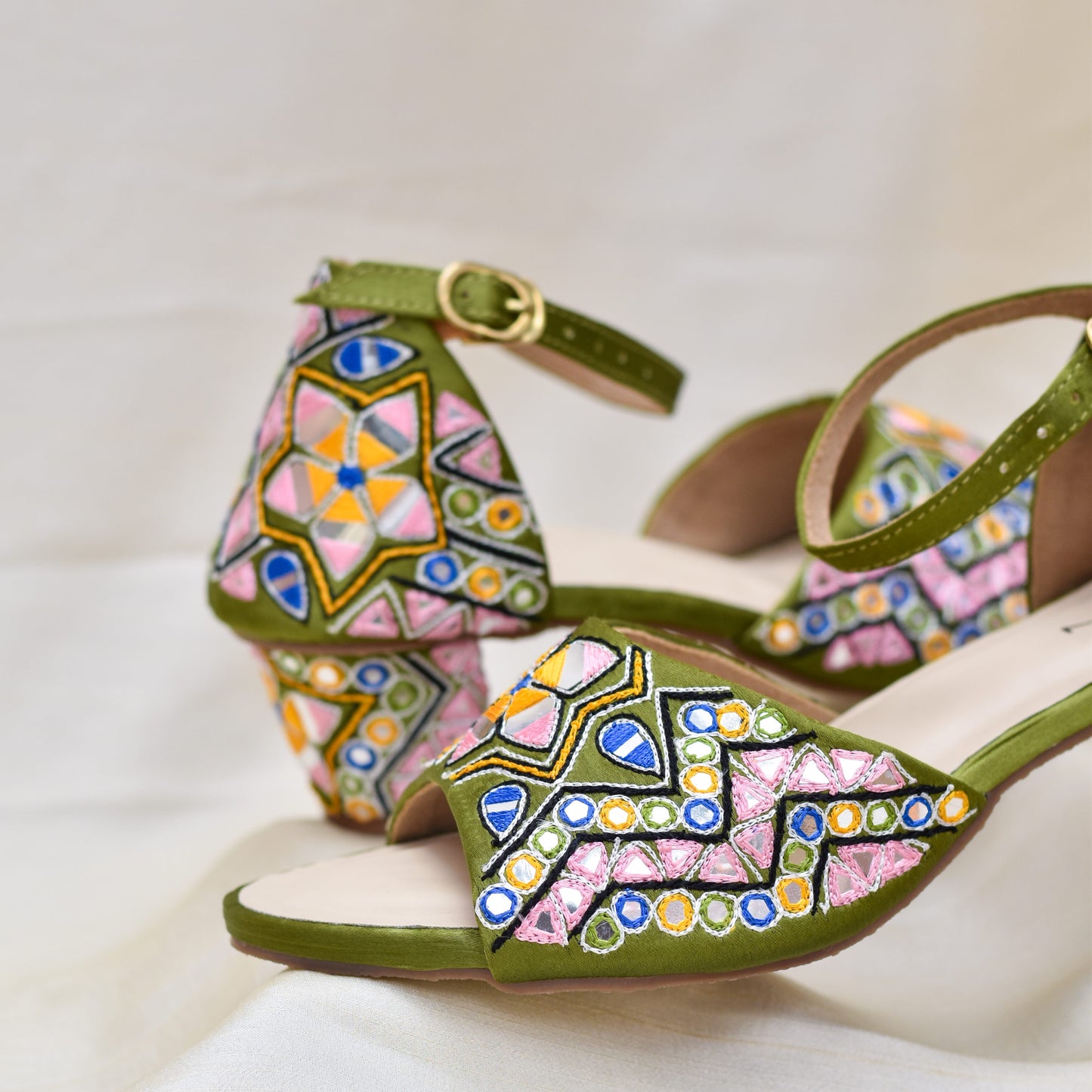 Mirror embroidered block heels for Indian women's ethnic wear