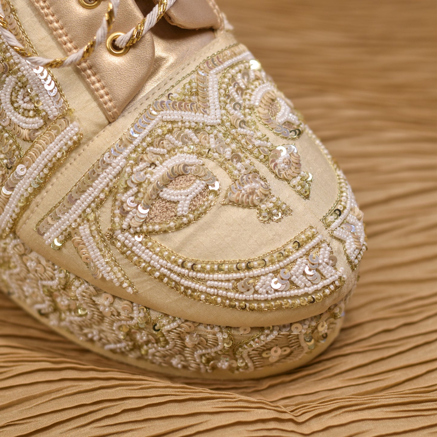 Comfortable wedding sneakers with Indian peacock motif