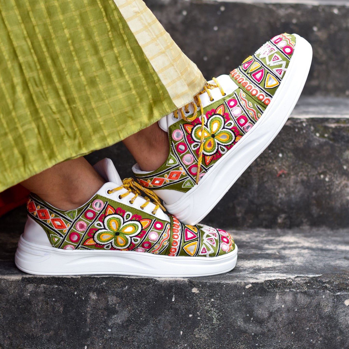 Sneakers with Kutchi embroidery from Gujarat