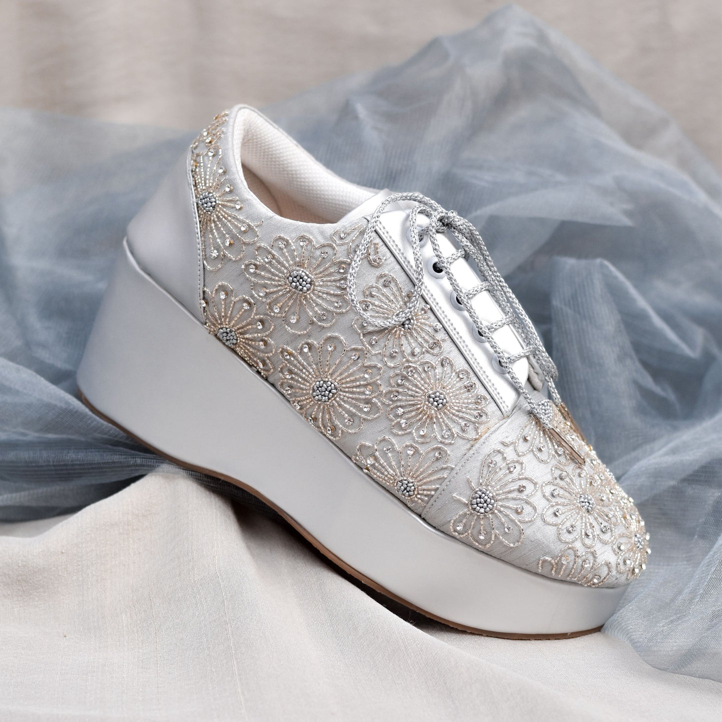 Floral silver sangeet shoes with premium hand embroidery