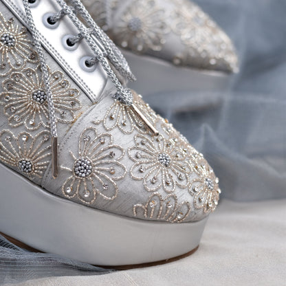 Bead embellished weddings shoes in silver colour