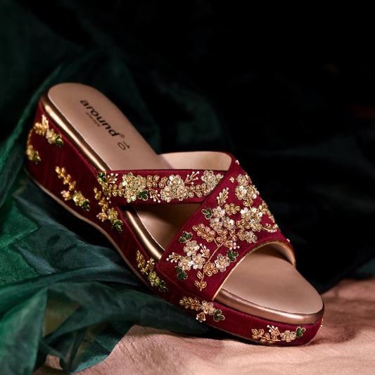 Bridal wedges in high heels with embroidery