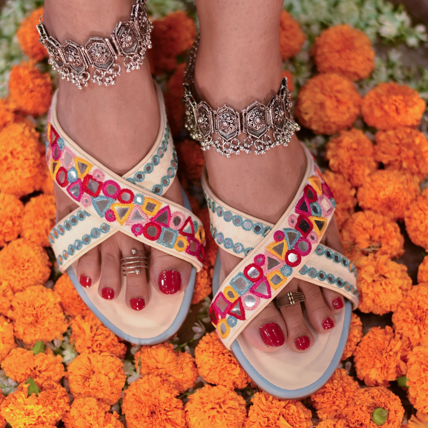 Festive flats for women with pastel colour and mirror work