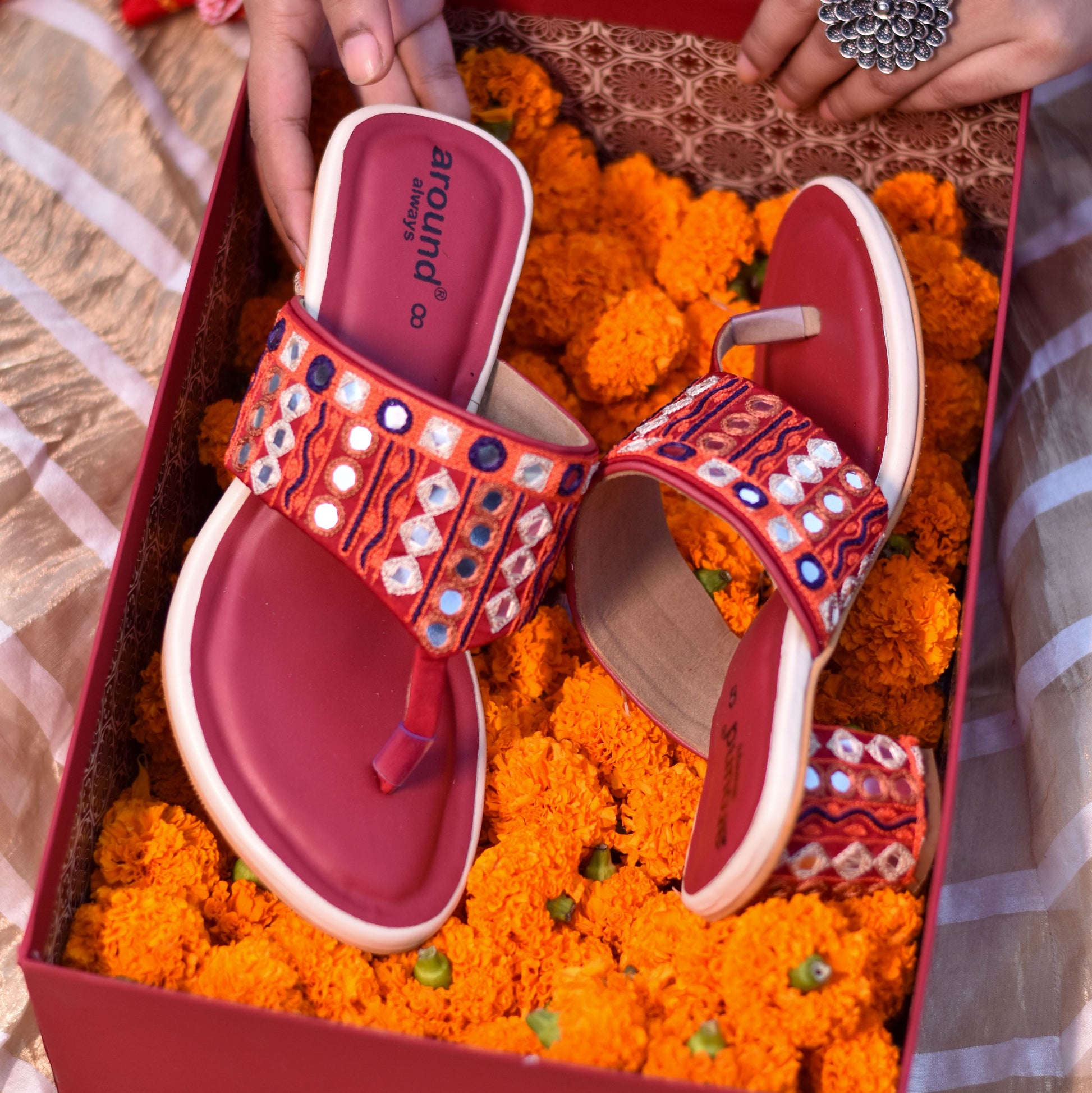 Kolhapuri block heels with mirror work from Gujarat