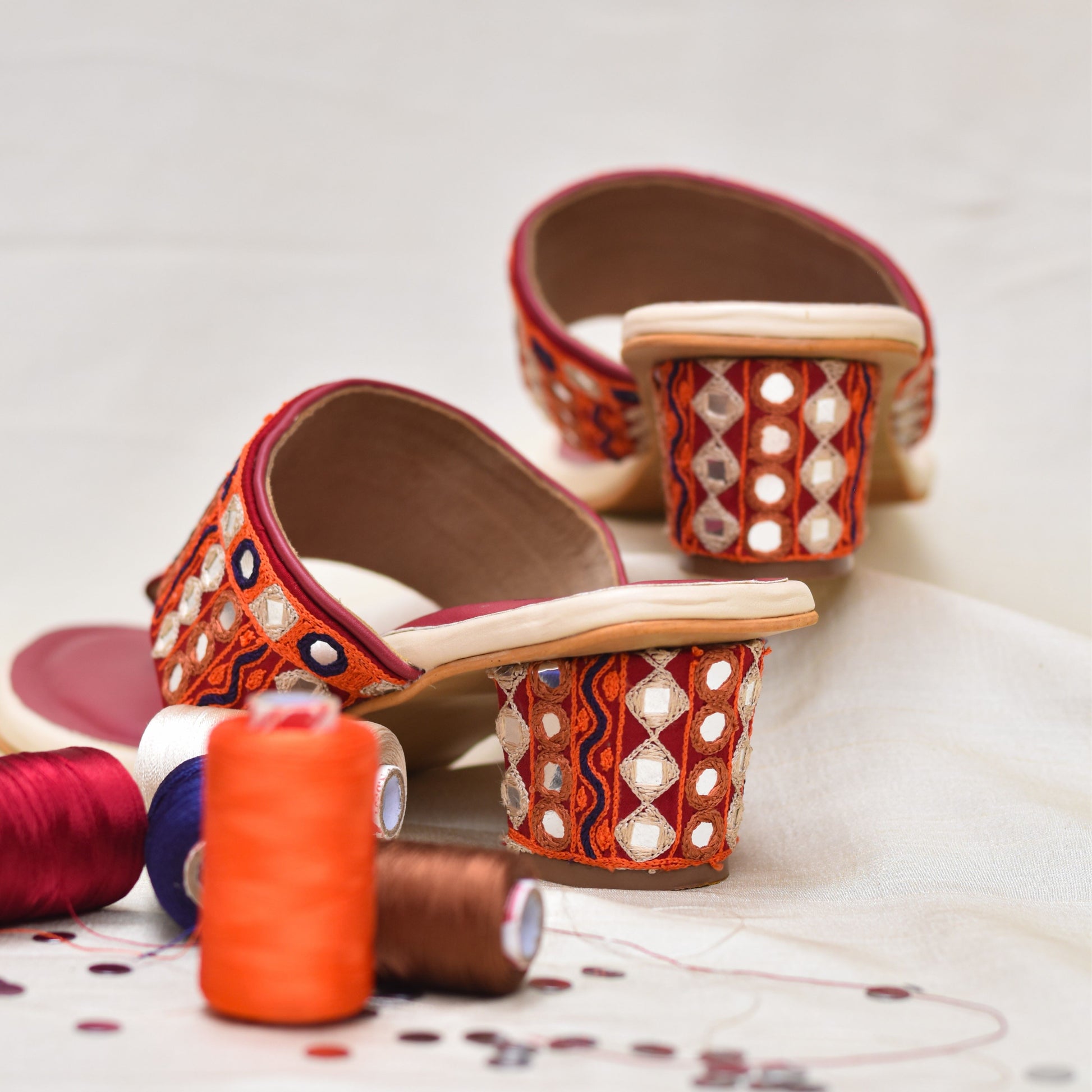 Gujarati mirror work Kolhapuri with block heels