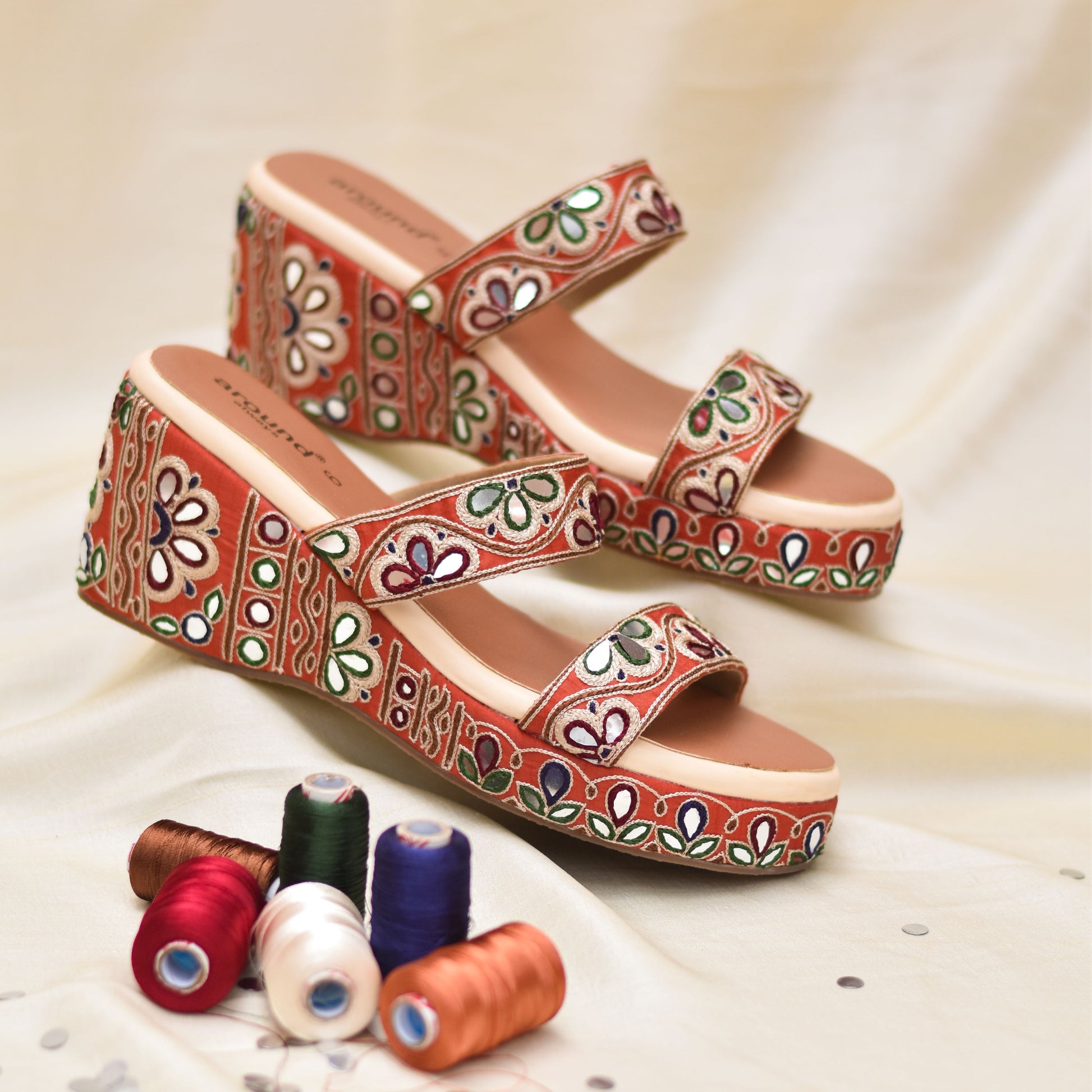 Multicolour comfortable mirror embellished wedges