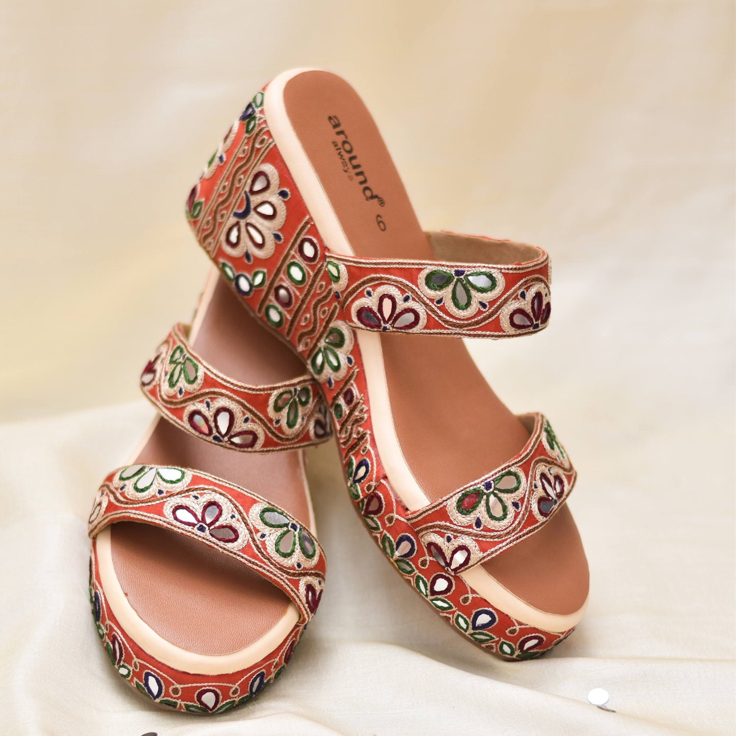 Mirror work multicolour wedge heels with traditional Gujarat embroidery