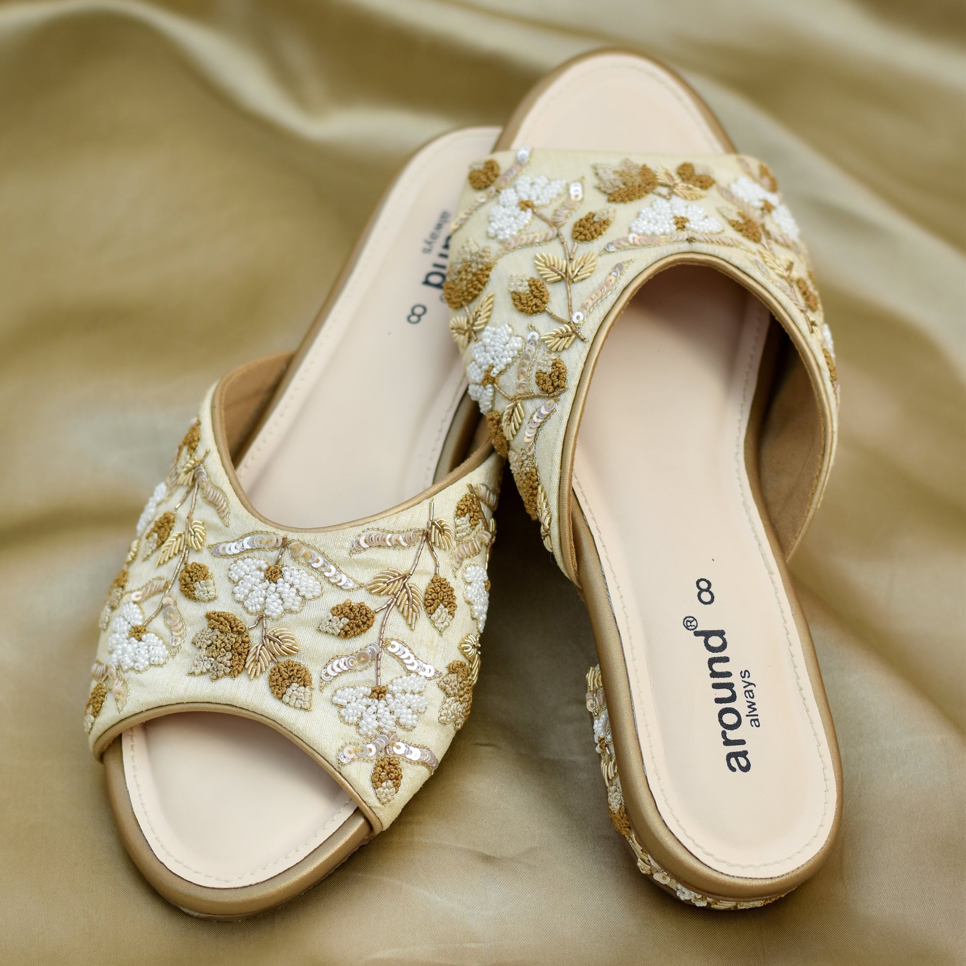 Golden embroidered wedding flats footwear in low heel