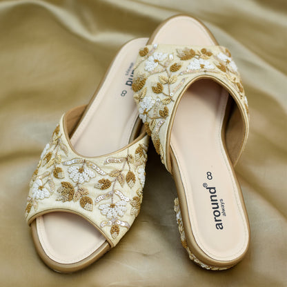 Golden embroidered wedding flats footwear in low heel