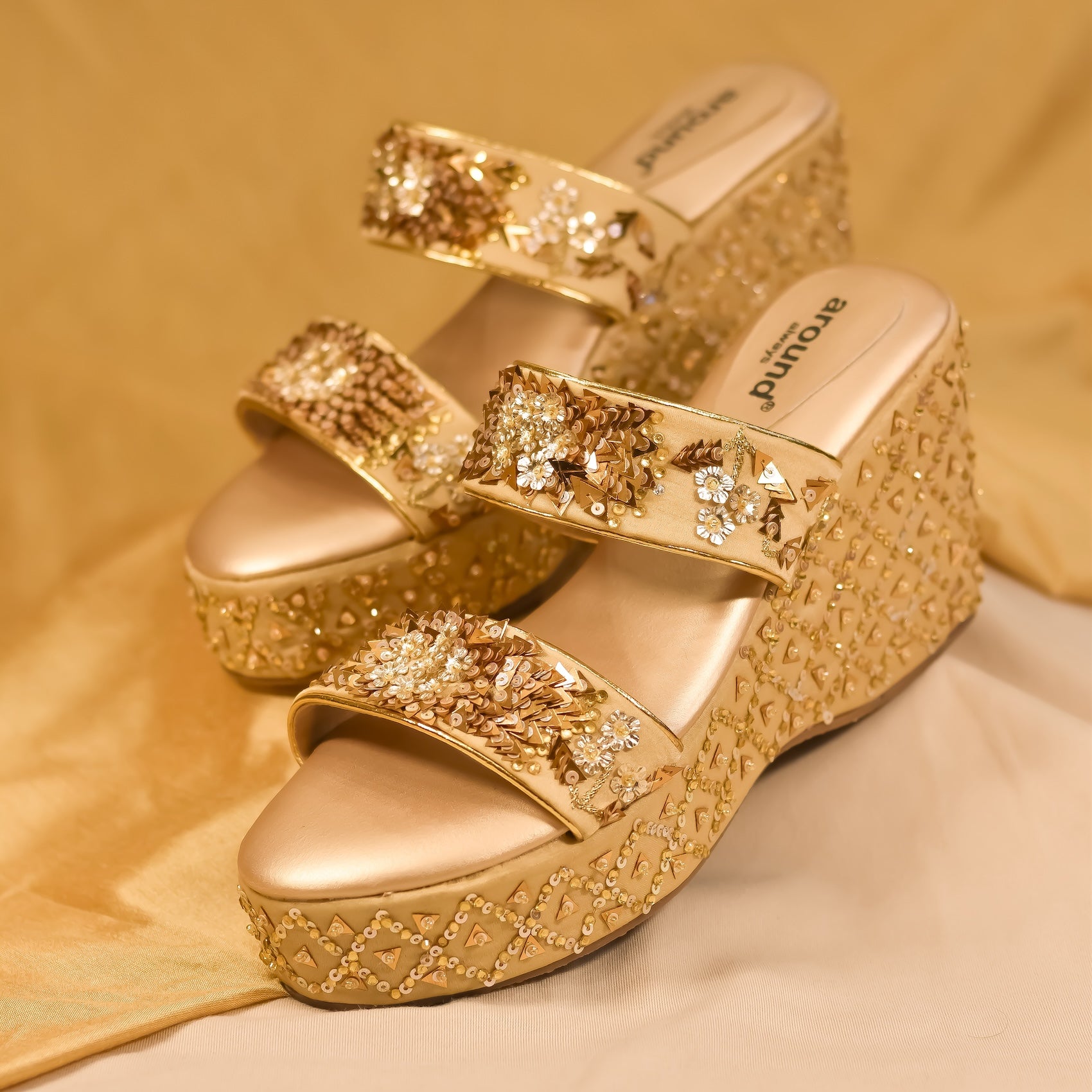 Victoria Wedges Premium Golden Handmade Indian Wedding Heels aroundalways