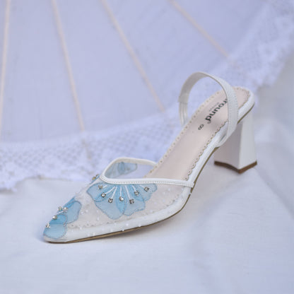 White slip on wedding mules with mesh embroidery