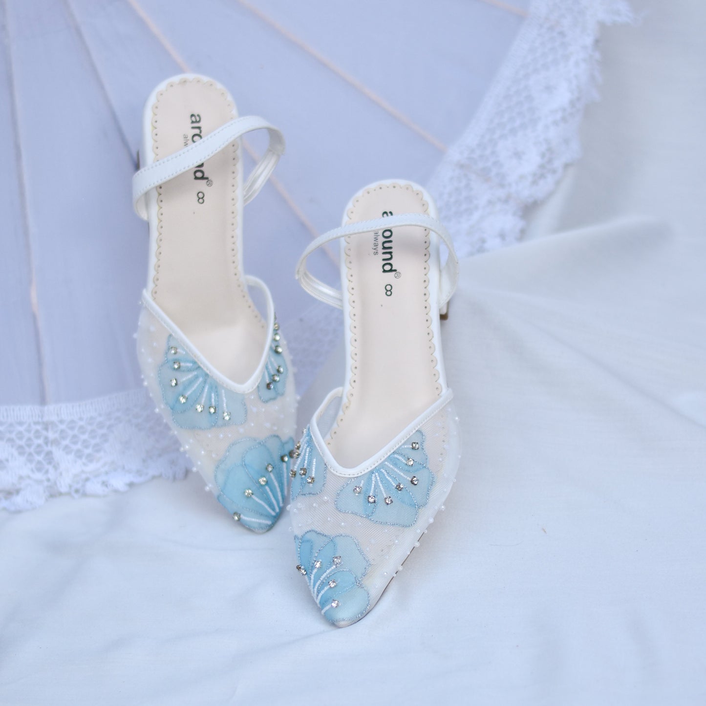 Patchwork premium white mules for brides and bridesmaids