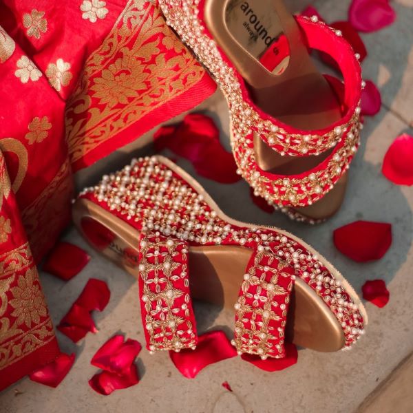 Maroon bridal mid heels sandal with handmade embroidery -